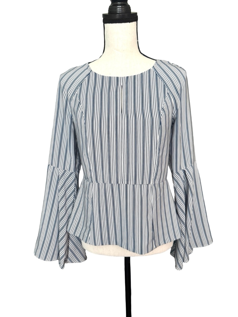 Bar III Women’s Small Navy White Striped Bell Sleeve Peplum Blouse Tie Back